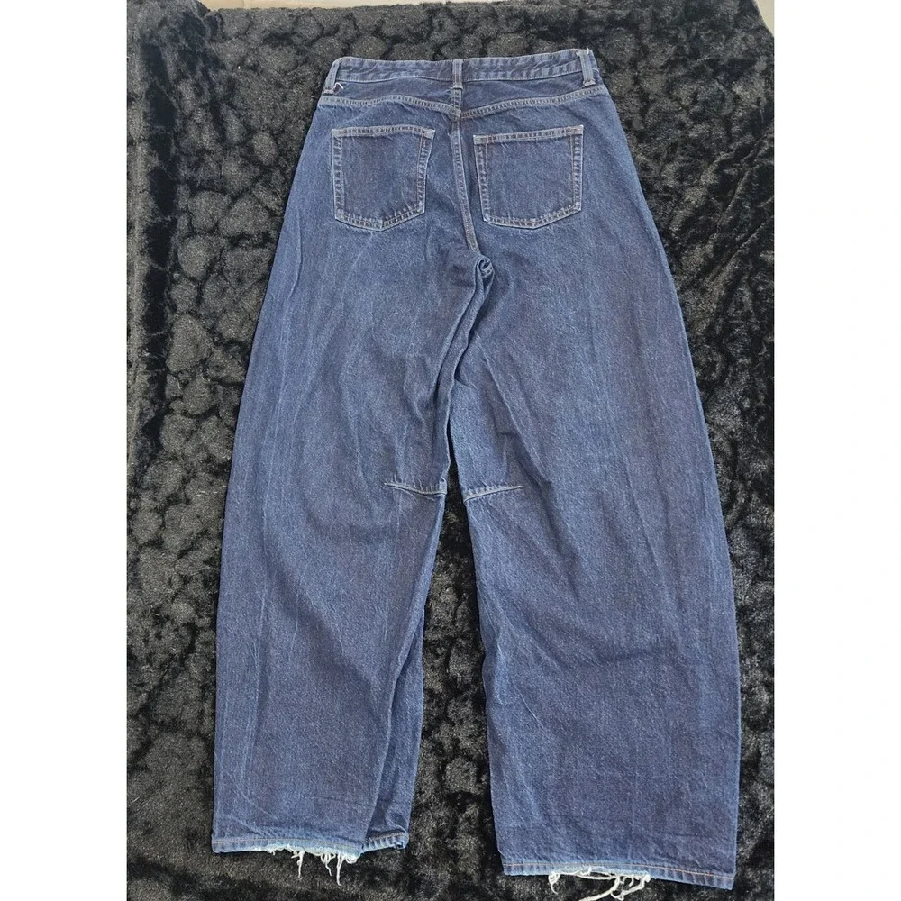 GU Jeans Women's LARGE Barrel Wide Leg Flare Dark Wash Wide Leg Baggy Raw Denim - Picture 5 of 12